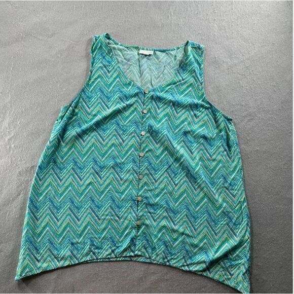 J Jill Tank Top Womens L‎ Green Blue Asymmetric Chevron Print Button Blouse Boho - Picture 1 of 11